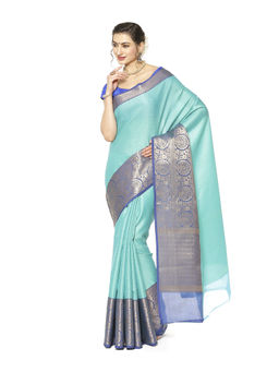 Banarasi Silk Works - Turquoise Resham Zari Pattu Border Art Saree with Unstitched Blouse