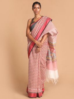 Indethnic - Red & Multi-Color Printed Cotton Blend Saree with Unstitched Blouse