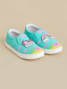 Hopscotch - Turquoise Unicorn Applique Slip-On Sneakers