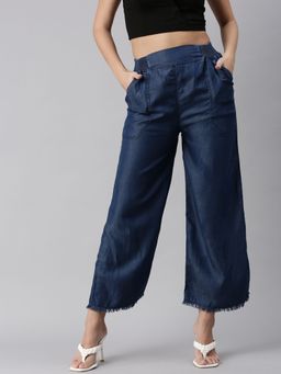 SHOWOFFFF - Womens Solid High-rise Navy Blue Trousers