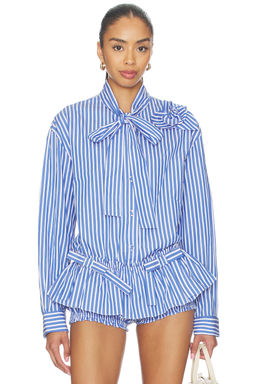 AKNVAS - Flor Poplin Deep Blue Stripe Shirt With One Rose