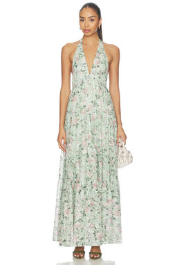 Alice + Olivia - Maura Embroidered Deep V Halter Tiered Maxi Dress