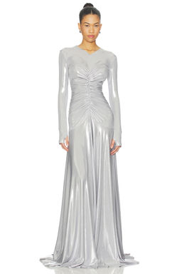 Norma Kamali - Long Sleeve V Neck Shirred Front Flared Gown