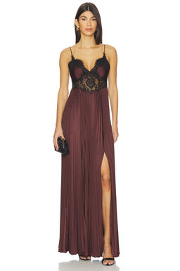 self-portrait - Brown Satin Lace Insert Maxi Dress