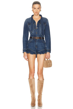 self-portrait - Denim Frill Playsuit
