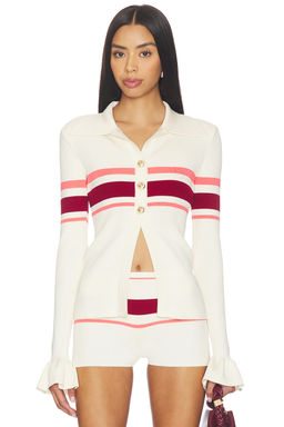 self-portrait - Cream Stripe Viscose Knit Button Top