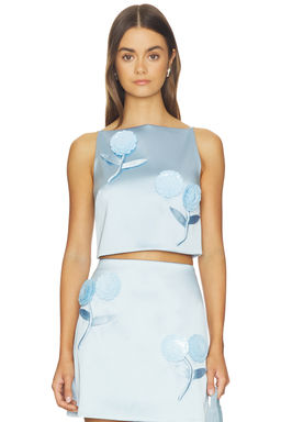 self-portrait - Blue Satin 3d Sequin Flower Top