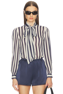 self-portrait - Navy Stripe Tie Neck Blouse