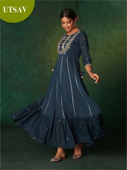 Likha - Bidri Rama Blue Floral Mirror Embroidered Tiered Dress LIKDRS36