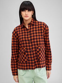 Spykar - Brown Boxy Fit Checks Full Sleeves Shirt for Women