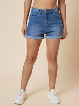 Globus - Women Med Blue Stretchable Washed Mid-Rise Denim Shorts