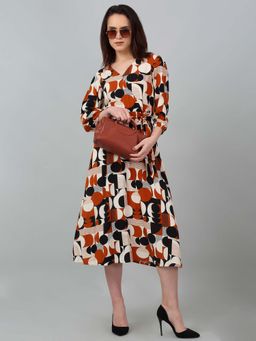 Cantabil - Women Brown Printed Casual Dress with Belt (Set of 2)