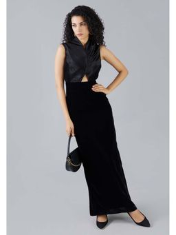 MISH - LUXE By MISH Black Straight Fit Maxi Dress with Pleated Detail On Bodice