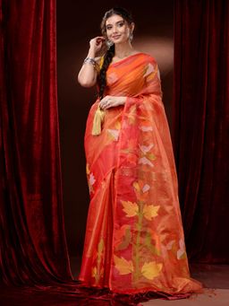 CHARUKRITI - Orange Tissue Muslin Handwoven Multicolour Floral Motifs Saree with Unstitched Blouse