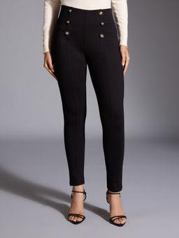 Twenty Dresses by Nykaa Fashion - Black Solid High Waist Button Detail Skinny Fit Jeggings