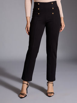 Twenty Dresses by Nykaa Fashion - Black Solid High Waist Button Detail Straight Fit Jeggings