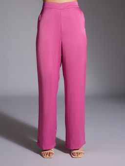 Twenty Dresses by Nykaa Fashion - Pink Solid High Waist Wide Leg Satin Pants