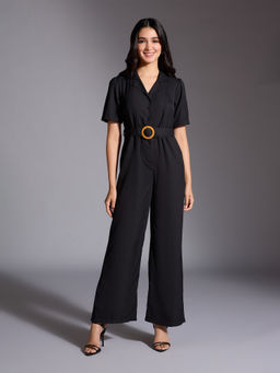 Twenty Dresses by Nykaa Fashion - Black Solid Collar Half Sleeves Jumpsuit with Belt (Set of 2)
