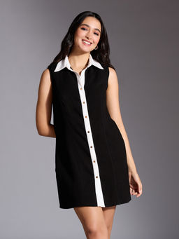 Twenty Dresses by Nykaa Fashion - Black and White Solid Sleeveless A Line Mini Dress