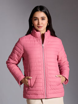 Twenty Dresses by Nykaa Fashion - Onion Pink Solid High Neck Quilted Puffer Jacket