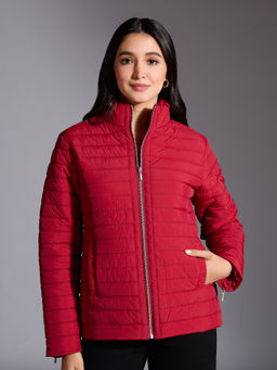 Twenty Dresses by Nykaa Fashion - Maroon Solid Nigh Neck Quilted Puffer Jacket