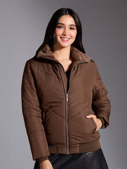 Twenty Dresses by Nykaa Fashion - Dark Brown Fur Detail Quilted Puffer Jacket