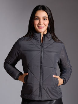 Twenty Dresses by Nykaa Fashion - Dark Grey Solid Triangular Quilted Puffer Jacket