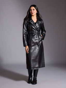 Twenty Dresses by Nykaa Fashion - Black Solid Lapel Collar Leather Overcoat with Belt (Set of 2)