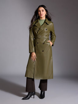 Twenty Dresses by Nykaa Fashion - Olive Solid Lapel Collar Leather Overcoat & Belt (Set of 2)
