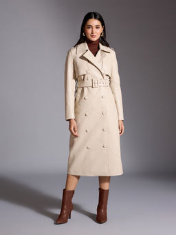 Twenty Dresses by Nykaa Fashion - Ivory Solid Lapel Collar Midi Leather Coat & Belt (Set of 2)
