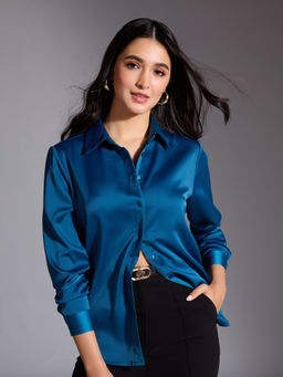 Twenty Dresses by Nykaa Fashion - Teal Solid Full Sleeves Classic Satin Shirt