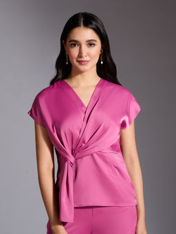 Twenty Dresses by Nykaa Fashion - Pink Solid Twisted Yoke Short Sleeves Satin Wrap Peplum Top