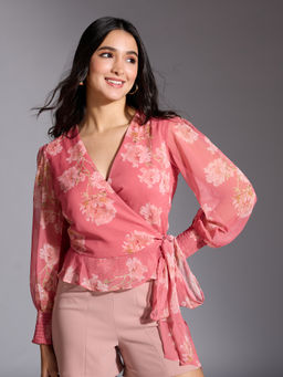 Twenty Dresses by Nykaa Fashion - Pink Floral Print V Neck Puff Sleeves Wrap Top
