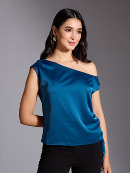 Twenty Dresses by Nykaa Fashion - Teal Solid Off Shoulder Ruched Top