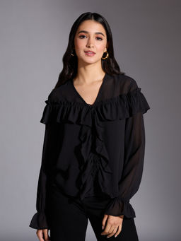 Twenty Dresses by Nykaa Fashion - Black Solid V Neck Full Sleeves Top with Inner (Set of 2)