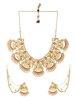 Voylla - Apsara Bridal Red Enamelled with Pearl Yellow Gold Jewellery (Set of 2)