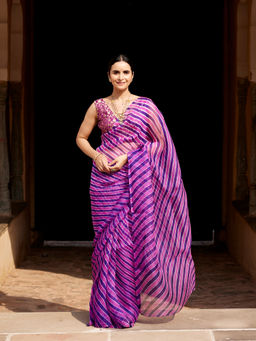 Geroo Luxe - Purple Organza Hand-Dyed Leheriya Saree With Unstitched Blouse