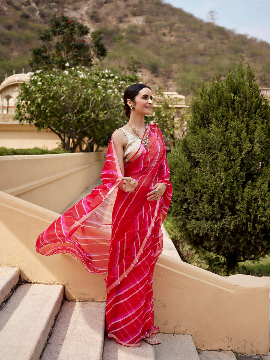 Red Pink Pure Kota Silk Hand Dyed Leheriya Saree With 