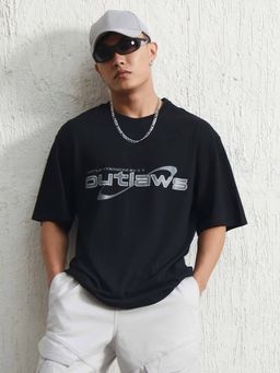 Hubberholme - Men Regular Printed Round Neck Half Sleeve T-Shirt Black