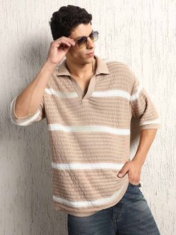 Hubberholme - Men Regular Strip Collar Half Sleeve Polo T-Shirt Beige