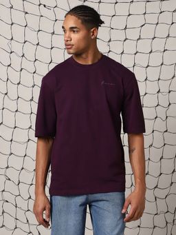 Hubberholme - Men Solid Oversized Fit Cotton Round Neck Short Sleeve T-Shirt Burgundy
