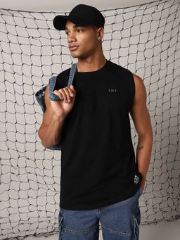 Hubberholme - Men Solid Oversized Fit Cotton Round Neck Sleeveless T-Shirt Black