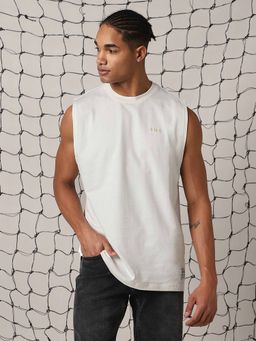 Hubberholme - Men Solid Oversized Fit Cotton Round Neck Sleeveless T-Shirt White