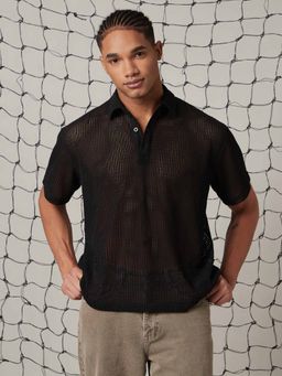 Hubberholme - Men Solid Oversized Fit Polyester Collar Short Sleeve Polo T-Shirt Black