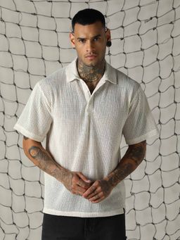 Hubberholme - Men Solid Oversized Fit Polyester Collar Short Sleeve Polo T-Shirt Off White