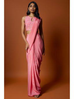 MEHAK MURPANA - Coral Pink Pre-Draped Saree with Stitched Blouse