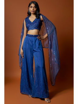 MEHAK MURPANA - Royal Embroidered Blue Blouse With Pant And Cape (Set of 3)