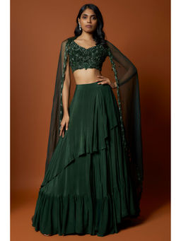 MEHAK MURPANA - Forest Green Embroidered Lehenga with Stitched Blouse And Dupatta (Set of 3)