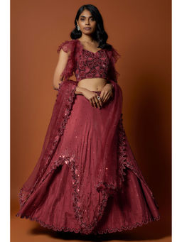 MEHAK MURPANA - Red Embroidered Lehenga with Stitched Blouse And Dupatta (Set of 3)