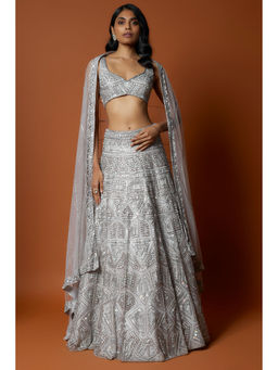 MEHAK MURPANA - Silver Embroidered Lehenga with Stitched Blouse And Dupatta (Set of 3)